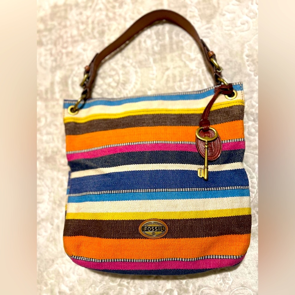Fossil Stripe Shoulder Bag with Key Charm - Multicolor